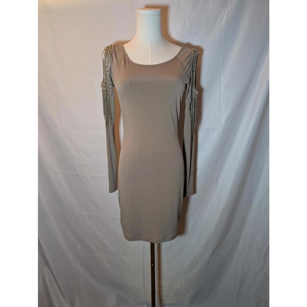 Forever 21 Women's Medium Beige Cold Shoulder Dress with Studded Fringe Sleeves
